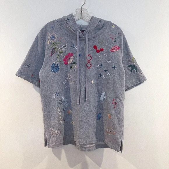 Johnny Was Gray Embroidered Short Sleeve Hooded Top Bohemian Pullover Hoodie S - Picture 2 of 7